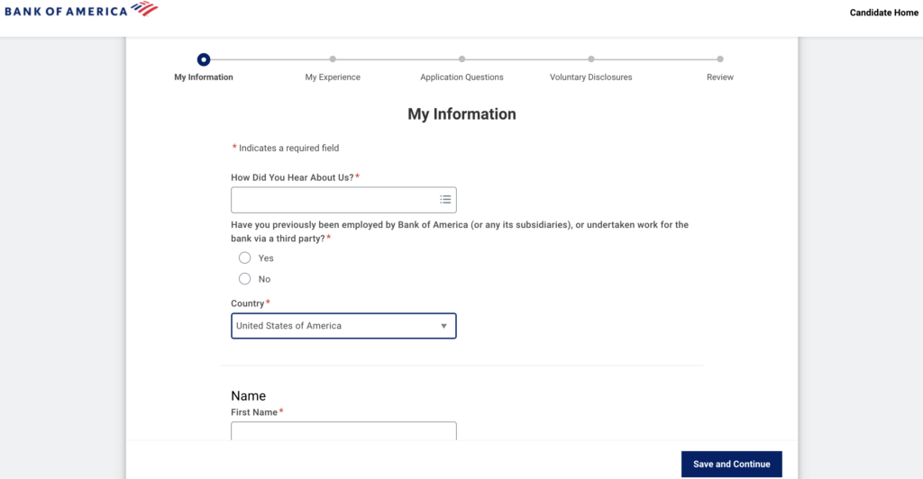 Bank of America online application form