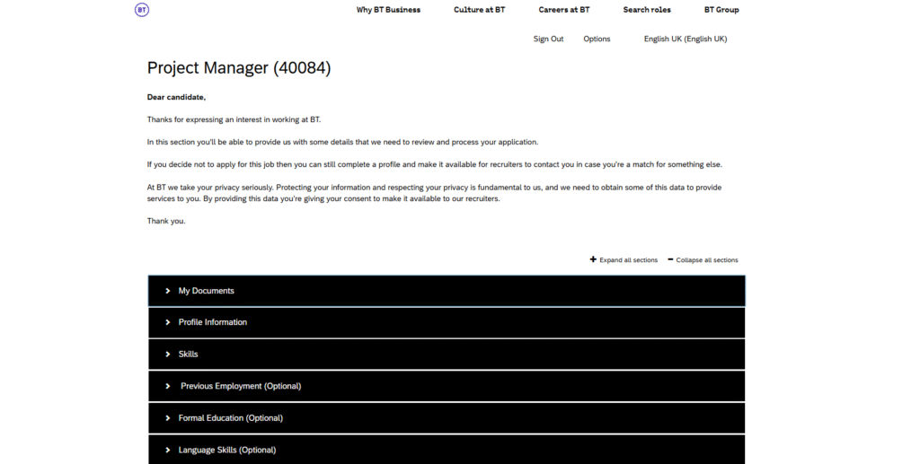 BT online application