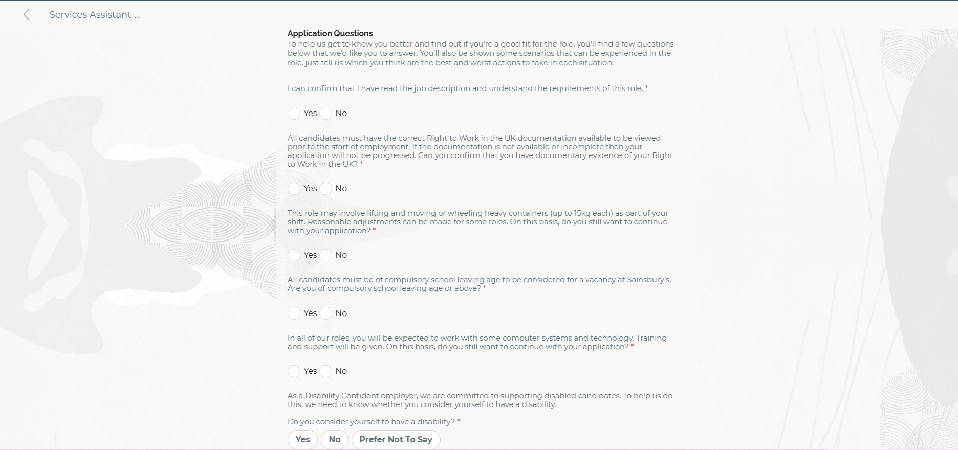 Sainsbury's application form
