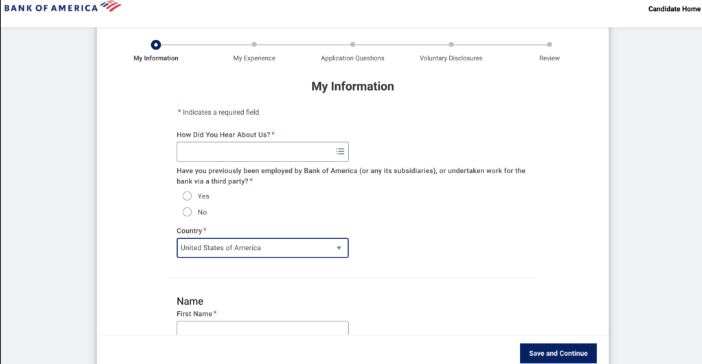 Bank of America application form
